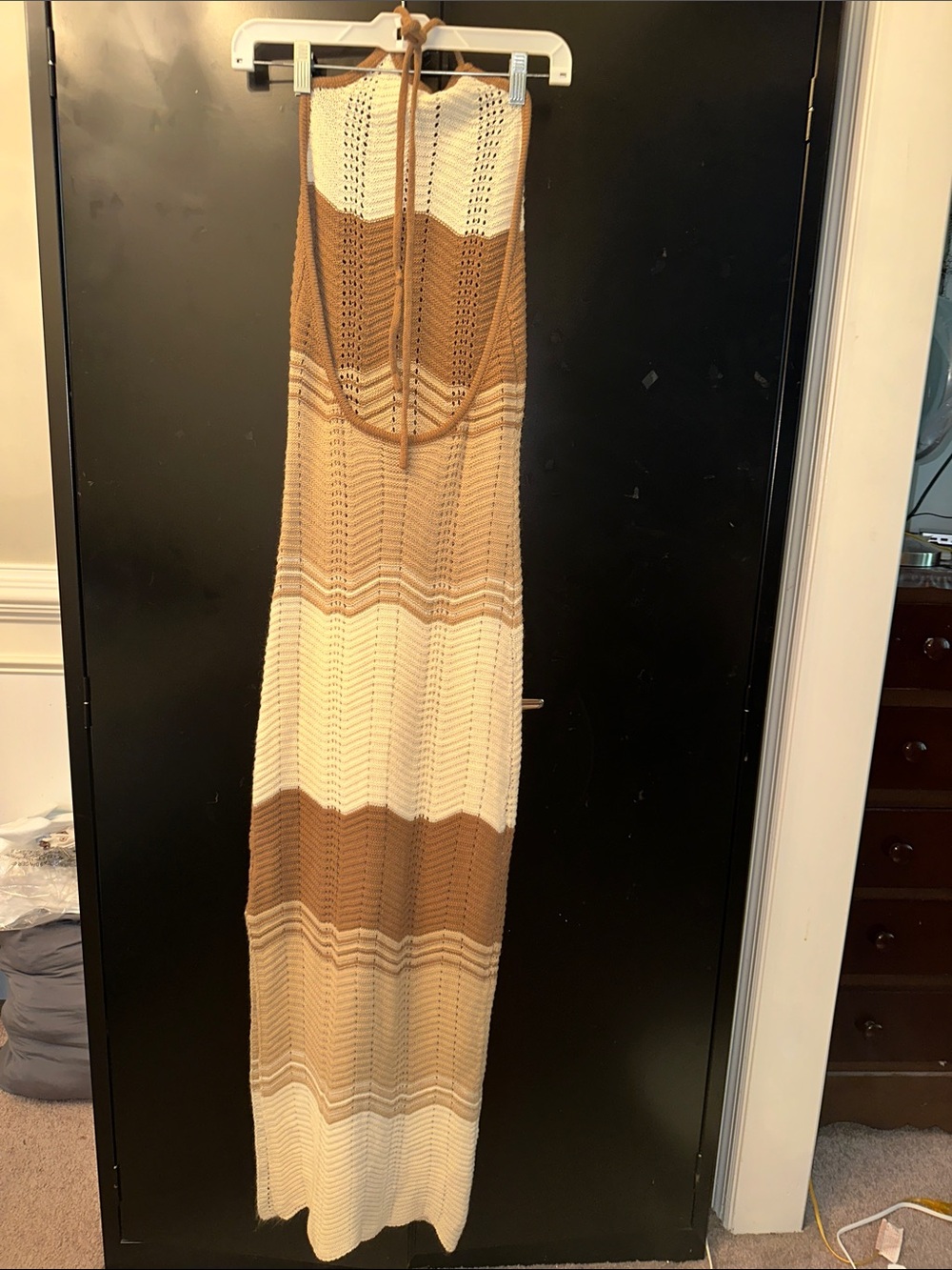 Embroidery Maxi Dress Tan and Cream Knit Halter Beautiful for the Beach ποΈ XS - Picture 7 of 7